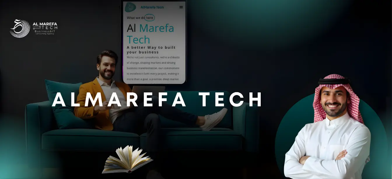 Al Marefah Tech cover: two businessmen beside the Al Marefa Tech identity on a dark teal background.