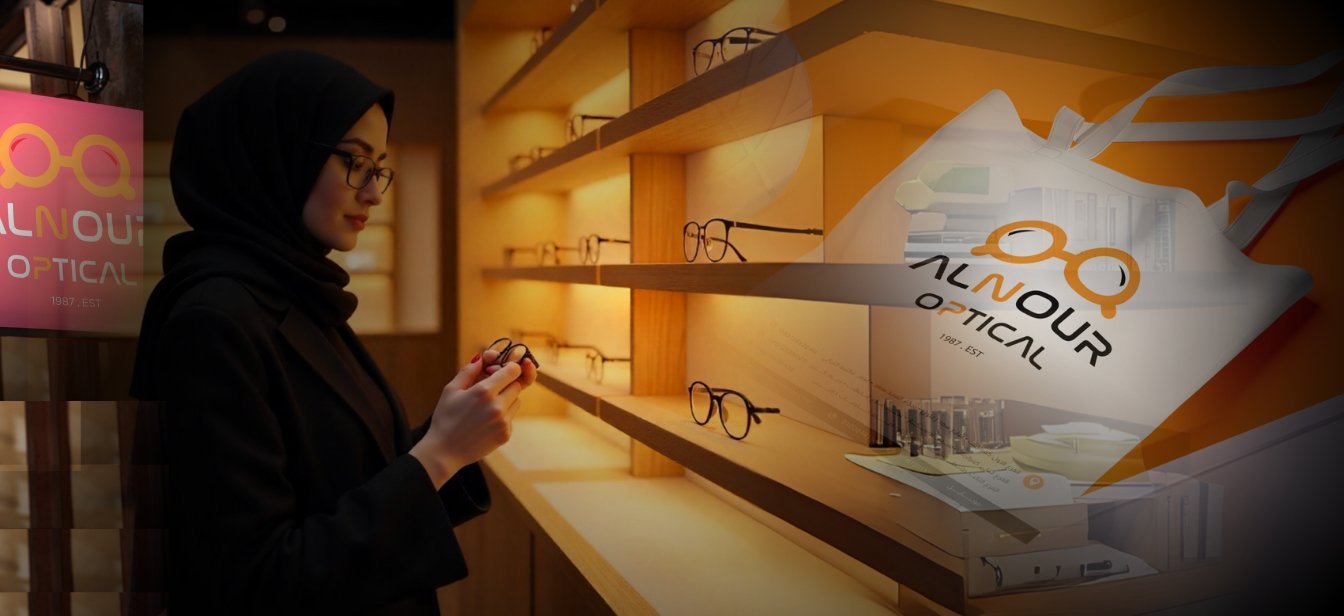 صورة حملة Al Nour Optics: عميلة تجرّب نظارة بجوار حقيبة تسوّق من Al Nour Optical داخل المتجر.