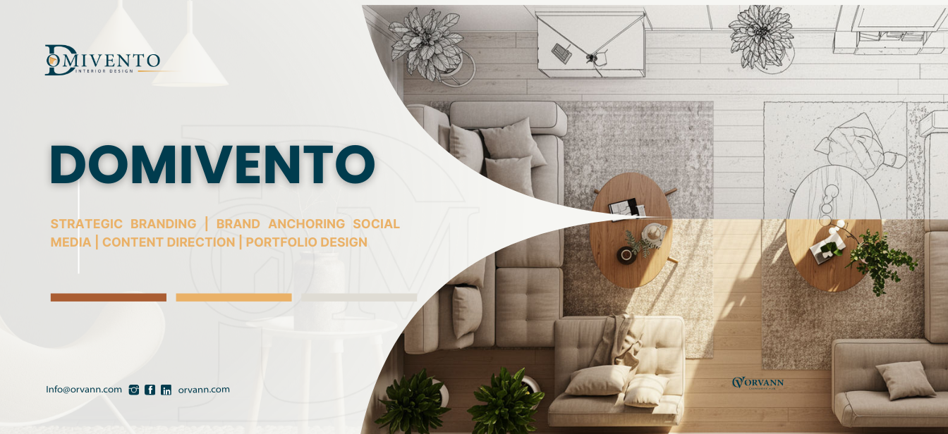 غلاف Domivento: رسم تخطيطي لتصميم داخلي يتحول إلى غرفة معيشة مكتملة، مع شعار Domivento.
