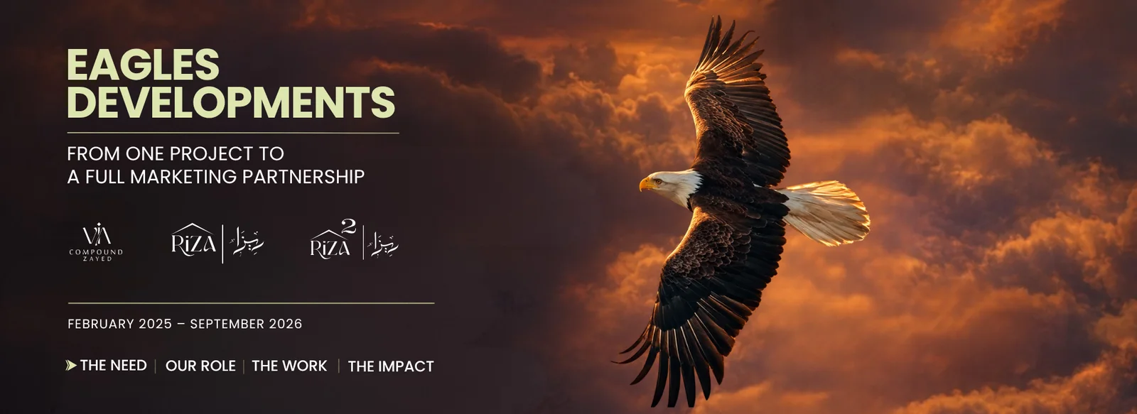Eagles Developments cover: an eagle soaring through orange clouds beside “From one project to a full marketing partnership” and the VIA, Riza and Riza 2 logos.