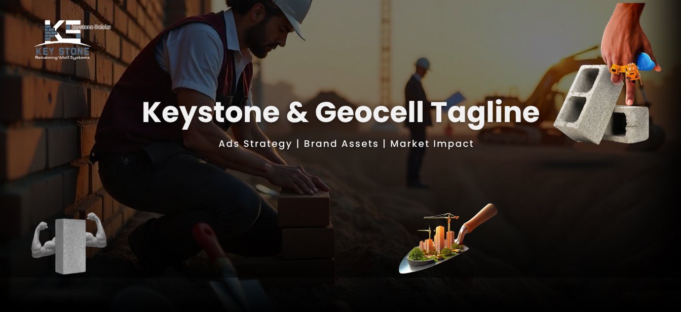 غلاف Geocell وKeystone: عامل بناء يرصّ كتل جدار استنادي، مع شعار الحملة.