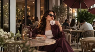Intro campaign visual: a woman in burgundy drinking from an Intro cup on a café terrace.