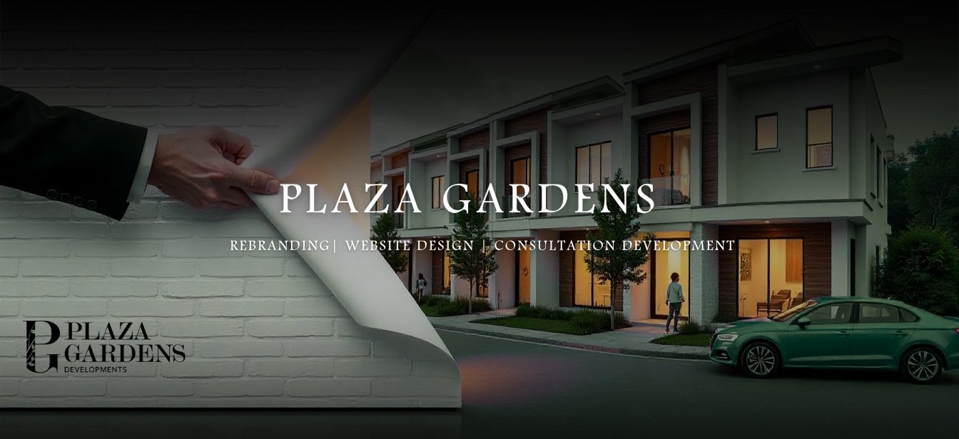 غلاف Plaza Gardens: مجمع سكني عند الغروب مع شعار Plaza Gardens.