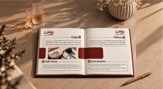 The Roshan Masr company profile open at its vision and mission pages.