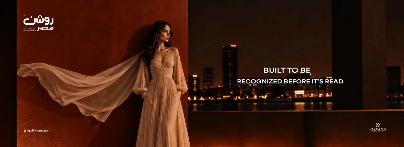 Roshan Masr cover: a woman in a flowing gown against the city at night, with “Built to be recognized before it’s read” and the Roshan Masr logo.