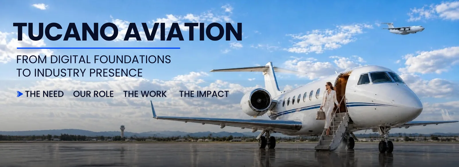 Tucano Aviation cover: a private jet on the runway with a crew member at its door, and “From digital foundations to industry presence”.